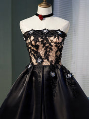 Party Dress Large Size, Charming Black Satin with Lace Applique Homecoming Dress, Knee Length Prom Dress