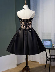 Party Dress Bridal, Charming Black Satin with Lace Applique Homecoming Dress, Knee Length Prom Dress