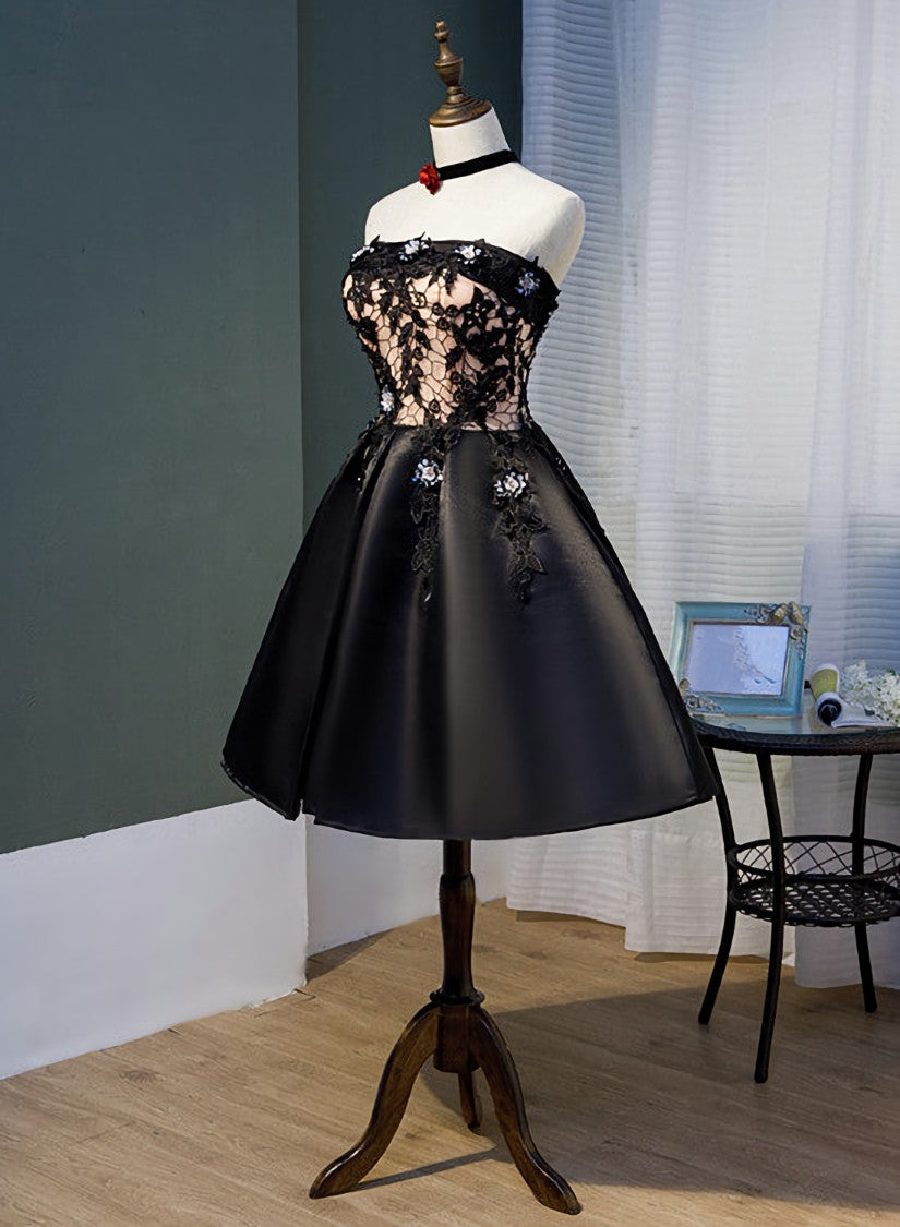 Party Dress Black, Charming Black Satin with Lace Applique Homecoming Dress, Knee Length Prom Dress