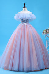 Bridesmaid Dress Neutral, Charming Blue and Pink Tulle Off Shoulder Sweet 16 Dress with Lace, Ball Gown Formal Dress