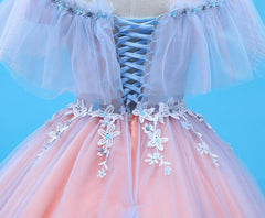 Bridesmaid Dress Sleeveless, Charming Blue and Pink Tulle Off Shoulder Sweet 16 Dress with Lace, Ball Gown Formal Dress