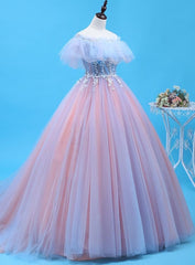 Bridesmaids Dresses Neutral, Charming Blue and Pink Tulle Off Shoulder Sweet 16 Dress with Lace, Ball Gown Formal Dress