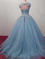 Evening Dress Knee Length, Charming Blue Tulle Long Ball Gown Sweet 16 Dress with Lace, Formal Gown