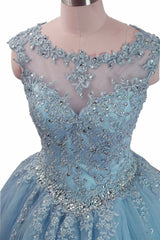 Evening Dresses Knee Length, Charming Blue Tulle Long Ball Gown Sweet 16 Dress with Lace, Formal Gown