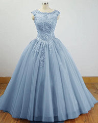 Evening Dresses For Over 48, Charming Blue Tulle Long Ball Gown Sweet 16 Dress with Lace, Formal Gown