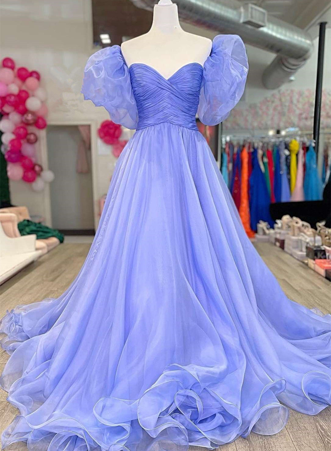 Formal Dress With Sleeves, Charming Lavender Puffy Sleeves Long Formal Dress, A-line Evening Dress