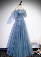 Fall Wedding Ideas, Charming Light Blue Tulle Puffy Sleeves Floor Length Party Dress,Blue A-line Princess Gowns Prom Dresses