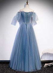 Prom Shoes, Charming Light Blue Tulle Puffy Sleeves Floor Length Party Dress,Blue A-line Princess Gowns Prom Dresses