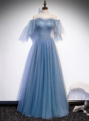 Pretty Prom Dress, Charming Light Blue Tulle Puffy Sleeves Floor Length Party Dress,Blue A-line Princess Gowns Prom Dresses