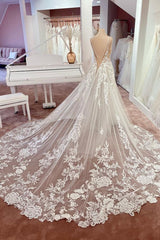 Wedding Dress Trend, Charming Long A-Line Spaghetti Straps Appliques Lace Tulle Backless Wedding Dress