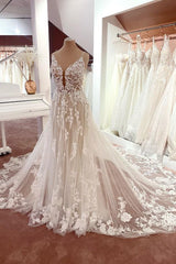 Wedding Dress Designs, Charming Long A-Line Spaghetti Straps Appliques Lace Tulle Backless Wedding Dress