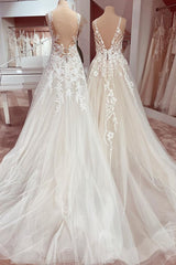 Wedding Dress For Bride, Charming Long A-Line V-neck Appliques Lace Tulle Wedding Dress