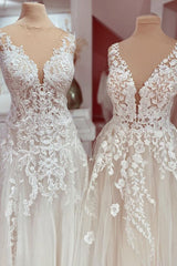 Wedding Dresses For Bride, Charming Long A-Line V-neck Appliques Lace Tulle Wedding Dress
