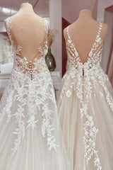 Wedding Dresses For Brides, Charming Long A-Line V-neck Appliques Lace Tulle Wedding Dress