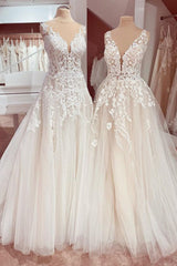 Wedding Dress For Brides, Charming Long A-Line V-neck Appliques Lace Tulle Wedding Dress