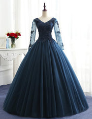 Formal Dress For Girls, Charming Long Sleeves Navy Blue Tulle Party Gown, Navy Blue Prom Dress