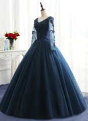 Formal Dresses For Girls, Charming Long Sleeves Navy Blue Tulle Party Gown, Navy Blue Prom Dress