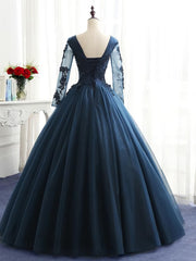 Formal Dresses With Sleeves For Weddings, Charming Long Sleeves Navy Blue Tulle Party Gown, Navy Blue Prom Dress