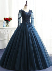 Formal Dresses For Fall Wedding, Charming Long Sleeves Navy Blue Tulle Party Gown, Navy Blue Prom Dress