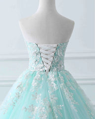 Girlie Dress, Charming Mint Green Tulle Ball Gown Sweet 16 Dress, Lace Applique Prom Dress