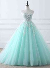 Long Sleeve Prom Dress, Charming Mint Green Tulle Ball Gown Sweet 16 Dress, Lace Applique Prom Dress