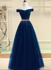 Prom Dress A Line Prom Dress, Charming Navy Blue Off Shoulder Floor Length Beaded Party Dress, Party Dress