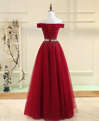 Prom Dresses For Short Girl, Charming Off Shoulder Tulle Beaded Prom Gown, Wine Red Long Junior Prom Dress