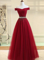 Prom Dress For Girl, Charming Off Shoulder Tulle Beaded Prom Gown, Wine Red Long Junior Prom Dress