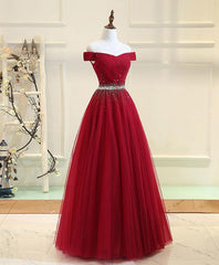 Prom Dresses For Girls, Charming Off Shoulder Tulle Beaded Prom Gown, Wine Red Long Junior Prom Dress
