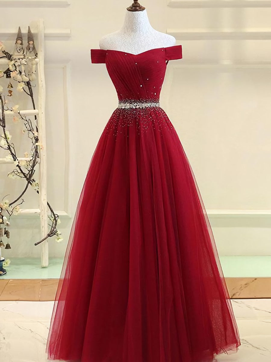 Prom Dress For Short Girl, Charming Off Shoulder Tulle Beaded Prom Gown, Wine Red Long Junior Prom Dress