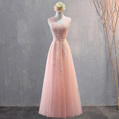 Party Dress Maxi, Charming Pearl Pink Tulle Simple Party Dress with Lace, V-neckline Long Formal Dress