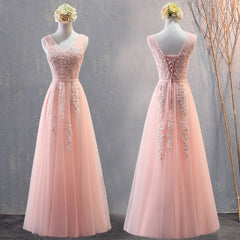 Party Dresses Maxi, Charming Pearl Pink Tulle Simple Party Dress with Lace, V-neckline Long Formal Dress