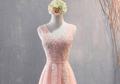 Party Dress Casual, Charming Pearl Pink Tulle Simple Party Dress with Lace, V-neckline Long Formal Dress