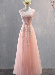 Party Dress Teens, Charming Pearl Pink Tulle Simple Party Dress with Lace, V-neckline Long Formal Dress