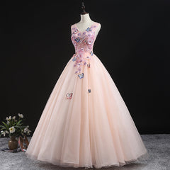 Party Dresses Lace, Charming Pink Flowers Ball Gown Long Sweet 16 Dress, Pink Prom Dress