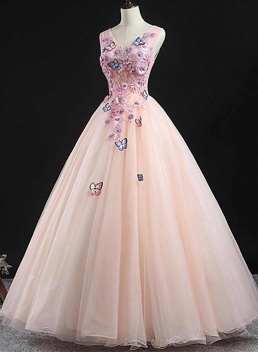Party Dress Lace, Charming Pink Flowers Ball Gown Long Sweet 16 Dress, Pink Prom Dress