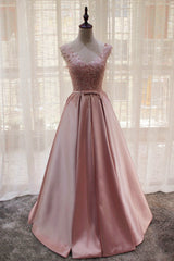 Prom Dresses Piece, Charming Pink Satin Long Formal Gown, Prom Dress , Lovely Satin Party Dress