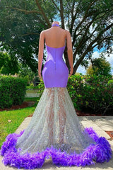 Party Dress Sleeves, Charming Purple Long Mermaid Halter Satin Tulle Prom Dress