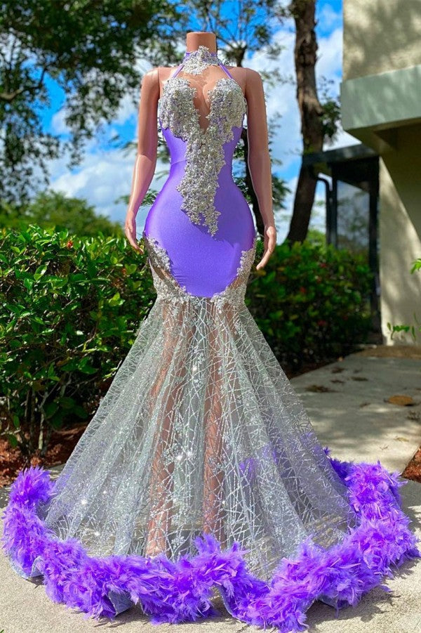 Party Dress For Cocktail, Charming Purple Long Mermaid Halter Satin Tulle Prom Dress