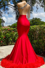 Party Dress Sleeve, Charming Red Long Mermaid Tassel One Shoulder Satin Backless Prom Dress