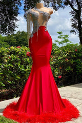 Party Dresses Sleeves, Charming Red Long Mermaid Tassel One Shoulder Satin Backless Prom Dress