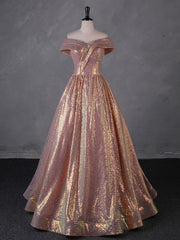 Bridesmaid Dress Designer, Charming Rose Gold Sequins Long Party Dress, Off Shoulder Sequins Prom Dress