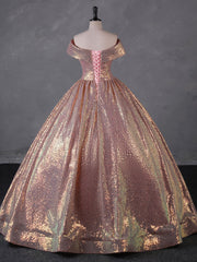 Bridesmaid Dresses Designers, Charming Rose Gold Sequins Long Party Dress, Off Shoulder Sequins Prom Dress