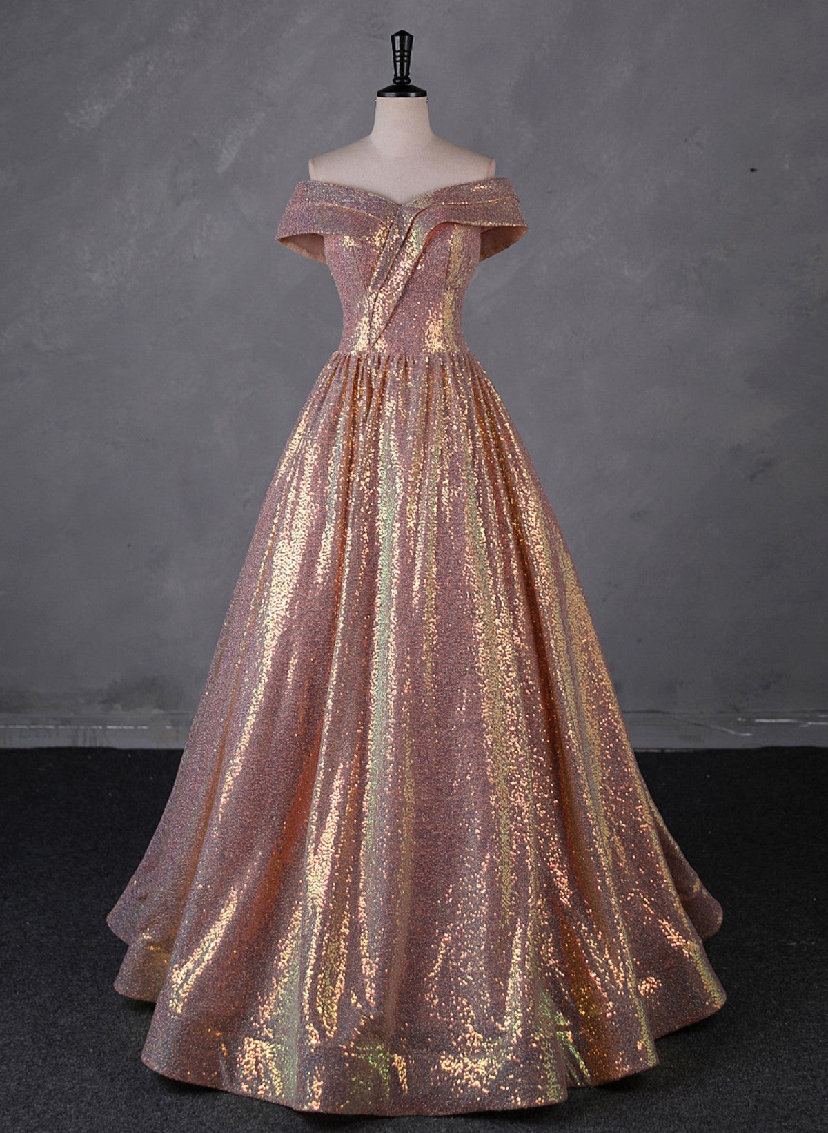 Bridesmaid Dress Designs, Charming Rose Gold Sequins Long Party Dress, Off Shoulder Sequins Prom Dress