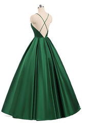 Green Bridesmaid Dress, Charming Satin Cross Back Deep V-neckline Long Party Dress, Floor Length Evening Dress