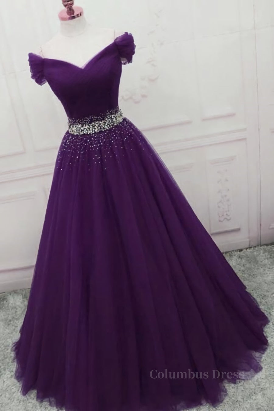 Party Dress Emerald Green, Charming Sequins Off Shoulder Dark Purple Long Prom Dress, Off the Shoulder Dark Purple Formal Evening Dress