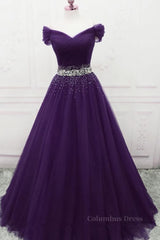 Party Dress Nye, Charming Sequins Off Shoulder Dark Purple Long Prom Dress, Off the Shoulder Dark Purple Formal Evening Dress