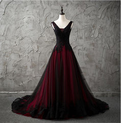 Party Dresses Shop, Charming Sleeveless Black and Red Lace Appliques Beaded Party Dress, Low Back Prom Dress