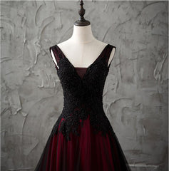 Party Dresses Shops, Charming Sleeveless Black and Red Lace Appliques Beaded Party Dress, Low Back Prom Dress