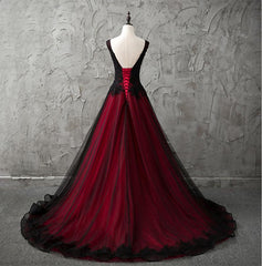 Party Dresses Shopping, Charming Sleeveless Black and Red Lace Appliques Beaded Party Dress, Low Back Prom Dress